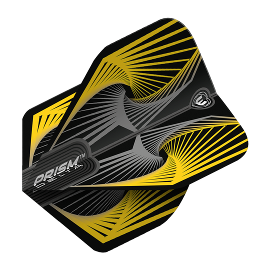 6915-241_Winmau_Prism_Delta_Spiral_YellowGrey_Standard_Flights_2adSQVWYIWUEAF Das Bild zeigt das Produkt "Winmau Prism Delta Spiral YellowGrey Standard Flights". Die Flights sind in Schwarz, Gelb und Grau mit einem modernen Spiralmuster gestaltet.