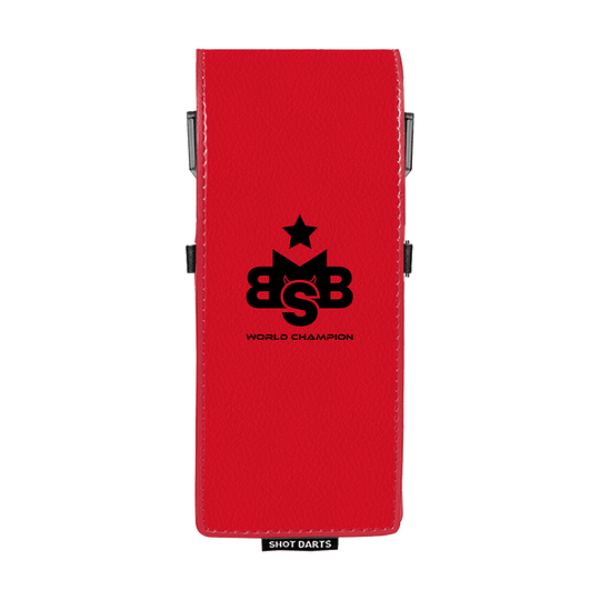 Shot Michael Smith World Champion Drop-In Dartcase - Rot Das Bild zeigt ein rotes Dartcase mit der Aufschrift "World Champion" und einem schwarzen Logo. Unten am Case befindet sich ein kleines Schild mit dem Text "Shot Darts".