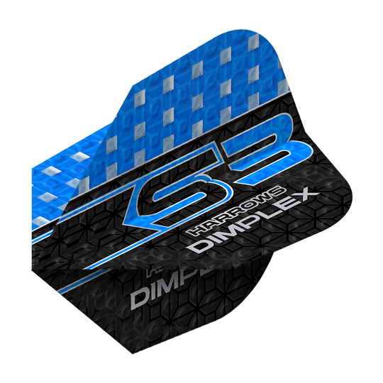Das Bild zeigt ein Harrows Dimplex S3 Flight in Blau. Das Flight hat ein blau-schwarzes Design mit silbernen Akzenten und der Aufschrift "S3 Harrows Dimplex".