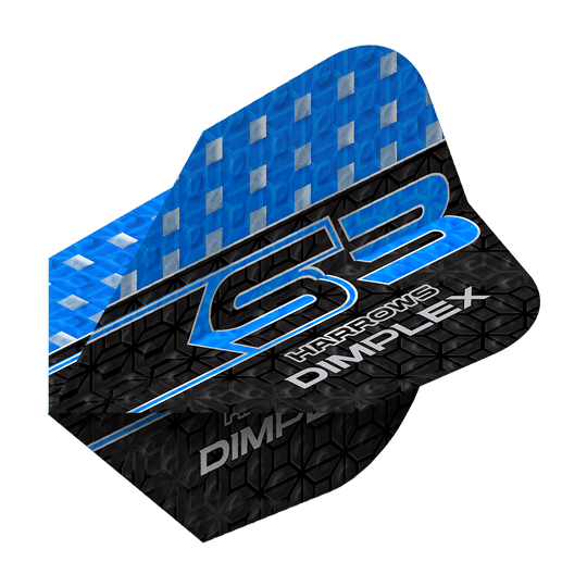 Harrows Dimplex S3 Flights - Blue Das Bild zeigt ein Harrows Dimplex S3 Flight in Blau. Das Flight hat ein blau-schwarzes Design mit silbernen Akzenten und der Aufschrift "S3 Harrows Dimplex".