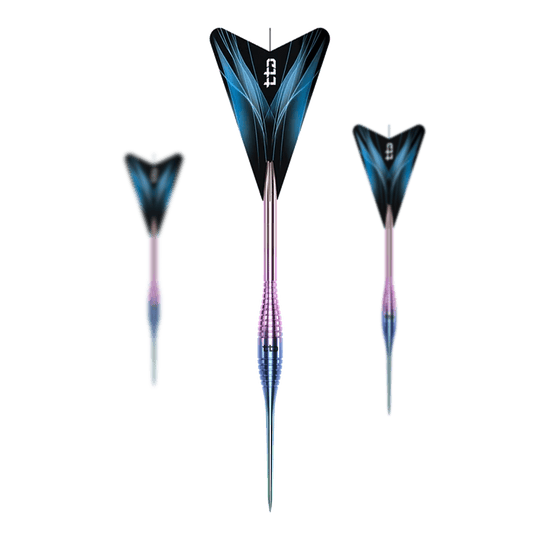 Abgebildet ist ein Set der Caliburn TTD Complete Titanium T2 Rainbow Steeldarts - 6g. Das Set enthält hochwertige Steeldarts in Regenbogenoptik.