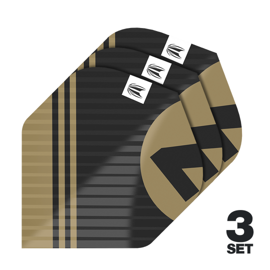 Das Bild zeigt drei Sätze von Target Pro Ultra Chicane Black No2 Standard Flights. Die Flights sind schwarz-gold gestreift und besitzen ein modernes Design mit einem weißen Logo.