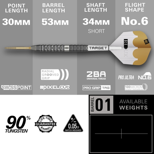 Target Redux 01 Swiss Point steel darts Abgebildet sind die Target Redux 01 Swiss Point Steeldarts. Die Steeldarts zeichnen sich durch ihr modernes Design aus.