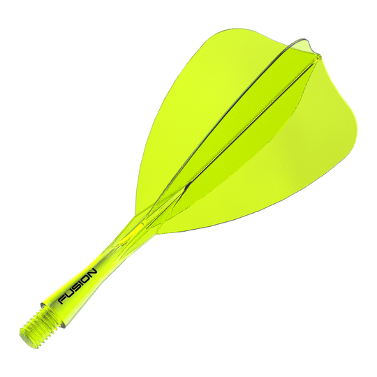 Abgebildet ist ein einzelner neon-gelber Dart-Schaft und -Flight des Winmau Fusion Flight Shaft Systems Arrow 22mm. Dieses Zubehör ist für den Dartsport geeignet.