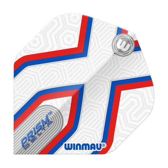 Winmau Prism Delta Epix No2 Standard Flights Das Bild zeigt ein Winmau Prism Delta Epix No2 Standard Flights Dartflugblatt. Es ist weiß mit roten und blauen Linien und dezentem geometrischem Muster gestaltet.