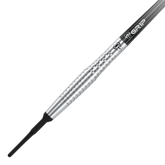 Dieses Bild zeigt den Bulls Martin Schindler Original Generation 2 Softdart. Der Dartpfeil hat ein silbernes, geriffeltes Barrel und eine schwarze Spitze.