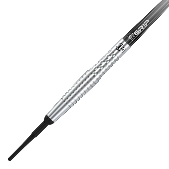 Bulls Martin Schindler Original Generation 2 soft darts Dieses Bild zeigt den Bulls Martin Schindler Original Generation 2 Softdart. Der Dartpfeil hat ein silbernes, geriffeltes Barrel und eine schwarze Spitze.