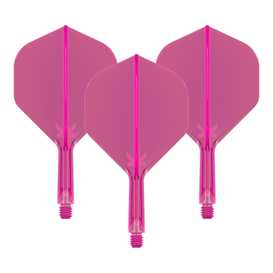 Target K-Flex No2 Standard Flight System - Neon Pink Das Bild zeigt drei pinkfarbene Dart-Flights mit Schäften. Sie sind nebeneinander angeordnet und haben eine neonpinke Farbe.