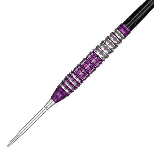 Das Bild zeigt einen Target Japan Prime Series Tung Suk Zenith GEN1 Swiss Point Steeldart mit 23g Gewicht. Der Dart hat ein auffälliges Design mit silbernen und lila Elementen am Griff.