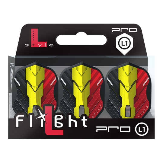 Das Bild zeigt eine Packung mit drei Dart-Flights der Marke L-Style, Modell V-Series V1 Type C Belgium Black L1PRO. Die Flights haben ein Design in den Farben Schwarz, Rot und Gelb, inspiriert von der belgischen Flagge.