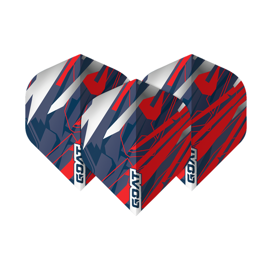 Das Bild zeigt drei Dart-Flights des Produkts "GOAT Homerun No2 Standard Flights". Die Flights sind in den Farben Rot, Blau und Weiß gestaltet und mit dem Schriftzug "GOAT" versehen.
