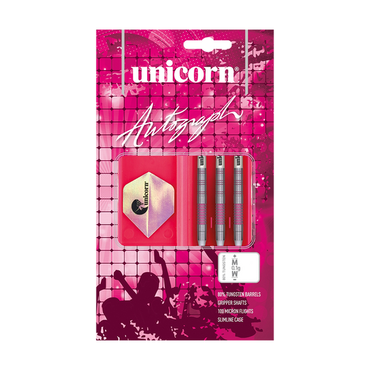 06033_Unicorn_Autograph_Softdarts_3 Das Bild zeigt das Produkt "Unicorn Autograph Softdarts - 19g" in einer Verpackung mit drei Darts und Zubehör. Die Verpackung ist überwiegend pink und enthält Informationen über die enthaltenen Materialien und Eigenschaften der Darts.