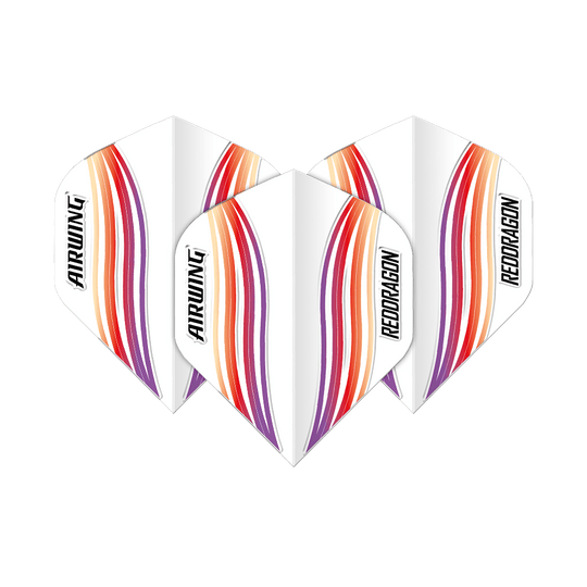 Das Bild zeigt drei Dart-Flights mit dem Namen "Red Dragon Airwing Red Wave Standard Flights". Sie sind weiß mit roten, orangen und violetten Wellenlinien und der Aufschrift "AIRWING" und "REDDRAGON".
