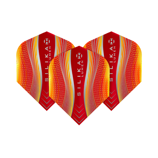 Das Bild zeigt drei Harrows Silika Lumen Yellow Red No6 Flights für Darts. Die Flights sind in Rot- und Gelbtönen mit modernen Mustern und dem Silika Lumen Schriftzug gestaltet.