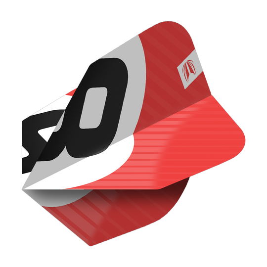 Das Bild zeigt einen roten Dartflight mit dem Produktnamen "Target Pro Ultra Chicane Red No6 Flights". Auf dem Flight sind schwarze und weiße Designelemente sowie ein Logo abgebildet.