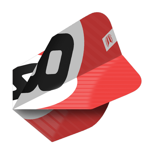 337211_Target_ProUltra_3Sets_Chicane_Red_No6_Flights_2Bly77xbdEKnrc Das Bild zeigt einen roten Dartflight mit dem Produktnamen "Target Pro Ultra Chicane Red No6 Flights". Auf dem Flight sind schwarze und weiße Designelemente sowie ein Logo abgebildet.