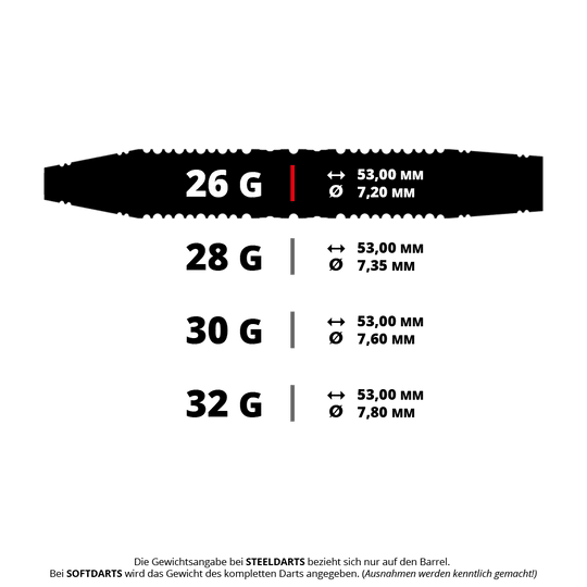 Das Bild zeigt einen GOAT Dumbbell Steeldart mit einem Gewicht von 26 Gramm. Dies ist ein Steeldartpfeil für Dartsportliebhaber.