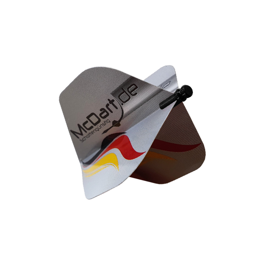 607_Alu_Flightschoner_Schwarz_2 Auf dem Bild ist der Alu Flightschoner abgebildet, ein Zubehörteil für Dartpfeile. Er schützt die Dart-Flights und trägt das Logo "McDart.de" sowie ein Muster in den Farben Schwarz, Rot und Gelb.
