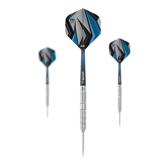 Bulls Stone S2 Steeldarts Auf dem Bild sind drei Bulls Stone S2 Steeldarts zu sehen. Die Darts haben silberne Spitzen und blaue, schwarze sowie graue Flights mit geometrischem Muster.