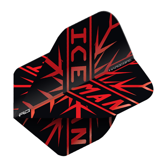 TF6872_Red_Dragon_Hardcore_Gerwyn_Price_Red_Premium_Standard_Flights_2 Das Bild zeigt die Red Dragon Hardcore Gerwyn Price Red Premium Standard Flights. Die Flights sind schwarz mit roten Akzenten und dem Schriftzug "ICEMAN".