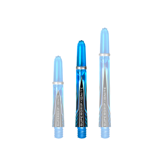 Das Bild zeigt drei blaue Harrows Supergrip Ignite Shafts in der Farbe Aqua, die nebeneinander stehen. Die Shafts sind unterschiedlich lang und haben ein modernes Design mit schwarzen und weißen Akzenten.