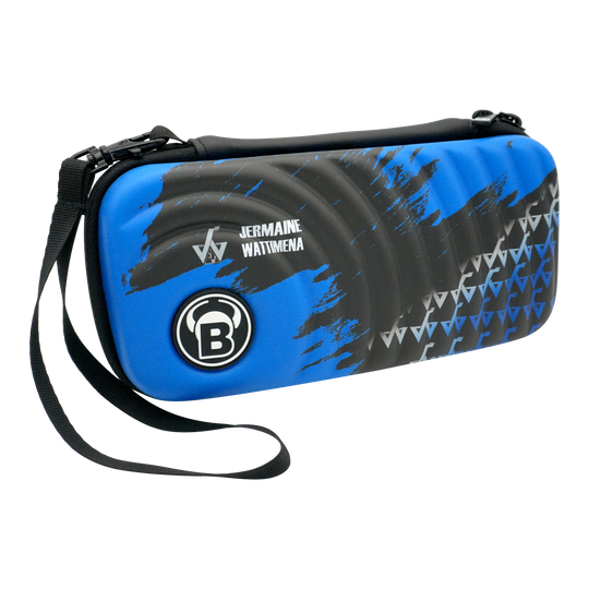 Bulls Orbis S Jermaine Wattimena dart case Auf dem Bild ist das Bulls Orbis S Jermaine Wattimena Dartcase zu sehen. Die Darttasche ist blau-schwarz gestaltet und trägt den Namen Jermaine Wattimena.