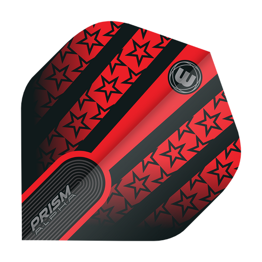 Das Bild zeigt das Produkt "Winmau Prism Alpha 6915.178 Standard Flights". Das Design ist überwiegend rot und schwarz mit auffälligen Sternmustern und dem Prism Alpha-Logo.