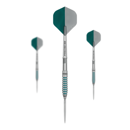 Auf dem Bild sieht man die Precise 180 MRV1 Steeldarts - 23g als Set. Das Set ist für das Dartspiel konzipiert.