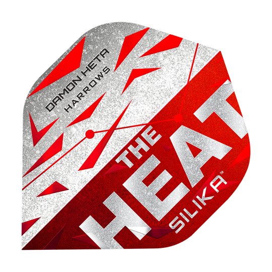 Das Bild zeigt ein Dart-Flugblatt mit dem Namen "Harrows Silika Damon Heta Series 3 Flights". Es ist in den Farben Rot, Weiß und Silber gestaltet und trägt die Aufschrift "THE HEAT SILIKA" sowie "DAMON HETA HARROWS".