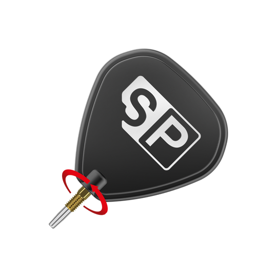 Target Swiss Point Nano Dart Tips - Gold Das Bild zeigt eine schwarze Dart-Flight mit der weißen Aufschrift "SP". Unten ist eine goldfarbene Dartspitze mit silberner Spitze zu sehen.