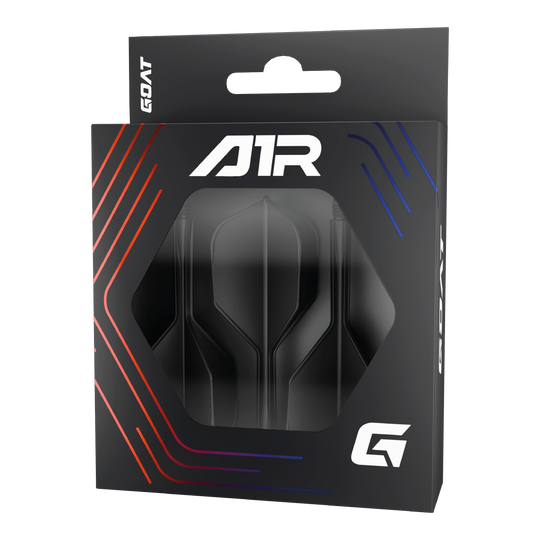 GOAT A1R No6 Flight Shaft System - Black Die Abbildung zeigt die Verpackung des Produkts „GOAT A1R No6 Flight-Shaft-System - Schwarz“. In der schwarzen Schachtel sind Flights und Shafts für Dartpfeile sichtbar.