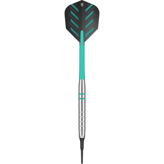 Dies ist ein Target Rob Cross Silver Voltage Softdart mit einem Gewicht von 18g. Der Dart hat eine silberne Spitze, einen türkisfarbenen Schaft und schwarze Flights mit grünen Akzenten.