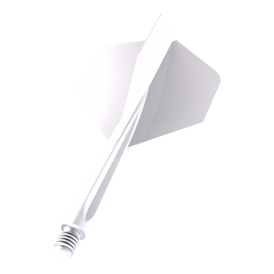 Das Bild zeigt ein weißes Dartflight-Set des Modells "Unicorn Forge All In One Plus No2 Standard Flights" in der Größe Medium. Es besteht aus einem integrierten Schaft und Flight und ist komplett in Weiß gehalten.