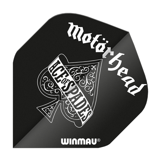 6905-210_Winmau_Rockstar_Legends_Mot-rhead_AoS_Standard_Flights_1 Das Bild zeigt einen schwarzen Dart Flight mit dem Schriftzug „Motörhead“ und einem Ace of Spades Design. Unten steht der Markenname „Winmau“.