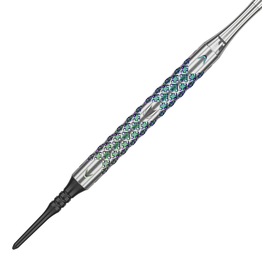Target Rove 10 Soft Darts Das Bild zeigt einen Target Rove 10 Softdart mit einem metallischen, bunt schimmernden Griff. Das Design weist eine strukturierte Oberfläche mit feinen Mustern auf.