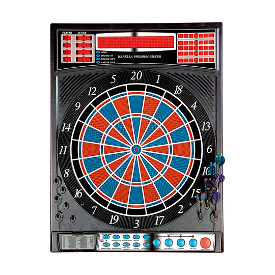 8075_Dartautomat_Karella_Premium_Silver_1 Das Bild zeigt einen elektronischen Dartautomaten mit dem Namen "Karella Premium Silver". Auf dem Gerät sind eine digitale Anzeige, viele Bedientasten und mehrere Pfeile zu sehen.