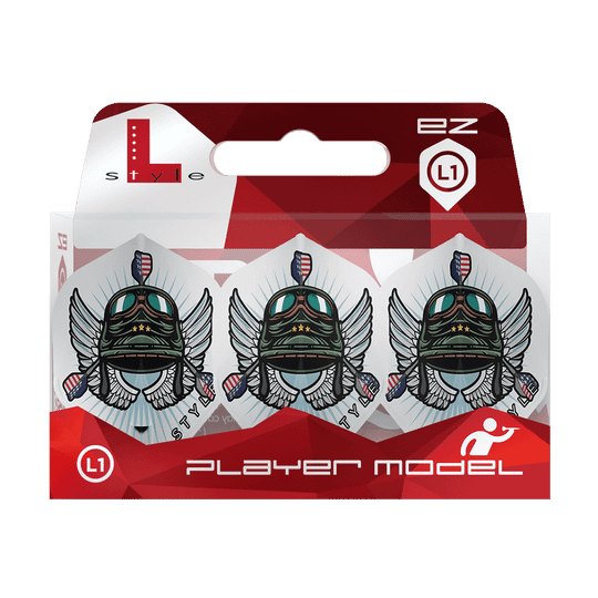 L-Style_Leonard_Gates_V3_White_L1EZ_Flights_3 Das Bild zeigt die L-Style Leonard Gates V3 White L1EZ Flights in einer Verpackung. Die Flights haben ein auffälliges Design mit einem geflügelten Helm und bunten Details.