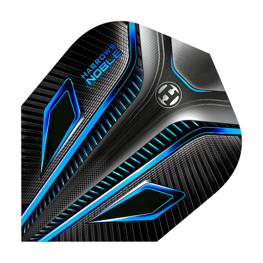 HR7_Harrows_Noble_Aqua_Standard_Flights_1Ndi68Ho78sdhP Das Bild zeigt das Produkt "Harrows Noble Aqua Standard Flights" in einem modernen Design. Die Flights sind überwiegend schwarz mit blauen und silbernen Akzenten.