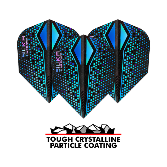 Das Bild zeigt drei blaue Harrows Silika Colourshift Tough Crystalline Coating Blue-X No6 Flights. Darunter steht der Schriftzug "Tough Crystalline Particle Coating" mit einer Grafik von Kristallteilchen.