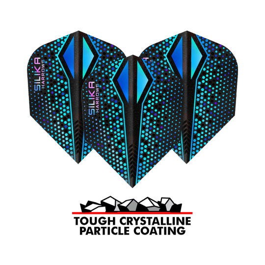 Harrows Silika Colorshift Tough Crystalline Coating Blue-X No6 Flights Das Bild zeigt drei blaue Harrows Silika Colourshift Tough Crystalline Coating Blue-X No6 Flights. Darunter steht der Schriftzug "Tough Crystalline Particle Coating" mit einer Grafik von Kristallteilchen.