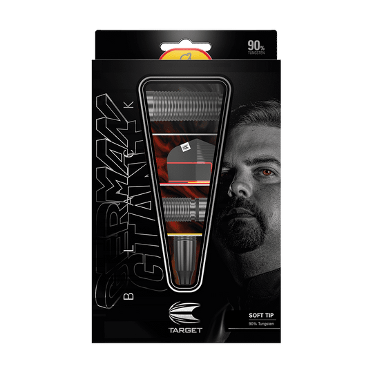 Die Verpackung zeigt die Target Gabriel Clemens Black Edition Softdarts mit einem Gewicht von 19g. Auf der Vorderseite ist neben den Darts ein Porträt von Gabriel Clemens zu sehen.