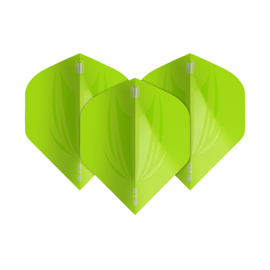 Das Bild zeigt drei limegrüne Standard-Flights für Dartpfeile. Die Flights tragen die Aufschrift "ProUltra ID" und haben ein modernes, glänzendes Design.