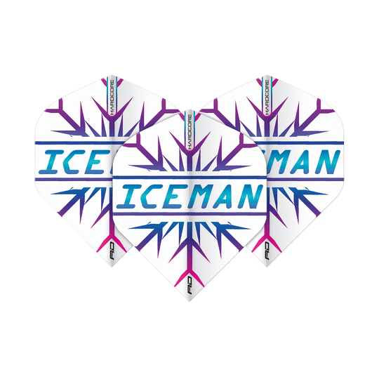 Das Bild zeigt drei Dartflights mit einem weißen Hintergrund und lilafarbenen Schneeflockenmustern. In der Mitte steht in blauen Buchstaben das Wort „ICEMAN“.