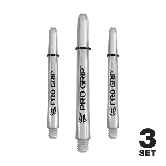 Das Bild zeigt drei transparente "Pro Grip" Shafts für Dartpfeile. In der rechten unteren Ecke steht "3 Set".