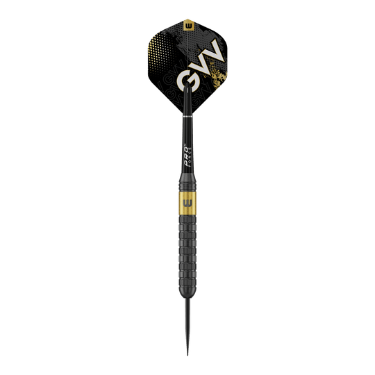 Winmau Gian Van Veen Core Brass Steeldarts - 21g Das Bild zeigt Winmau Gian Van Veen Core Brass Steeldarts mit einem Gewicht von 21 Gramm. Die Steeldarts sind aus einer seitlichen Perspektive zu sehen.