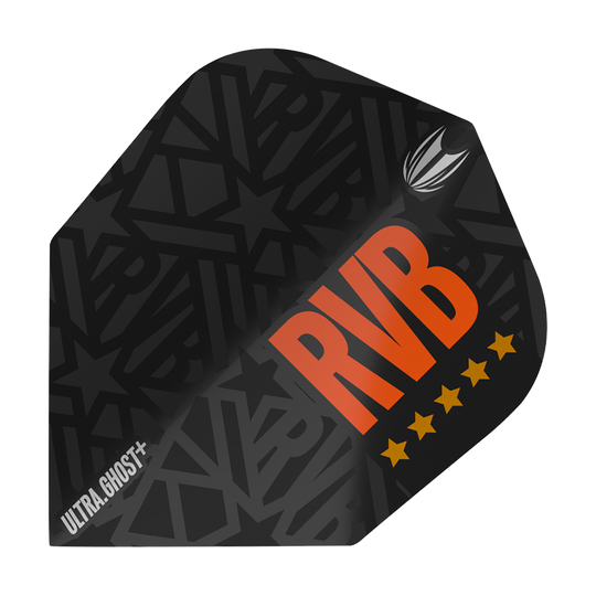 Das Bild zeigt das Produkt "Target Ultra Ghost RvB GEN2 Ten-X Flights". Es ist ein schwarzes Dart-Flight mit dem großen orangefarbenen Schriftzug "RVB" und fünf gelben Sternen.