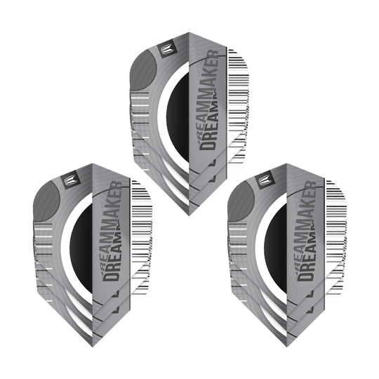 Target Pro Ultra Dimitri Van Den Bergh X Echo No6 Flights - 3 Sets Das Bild zeigt drei Sets von Target Pro Ultra Dimitri Van Den Bergh X Echo No6 Flights. Die Flights sind grau-schwarz gestaltet und tragen den Schriftzug "DREAMMAKER".