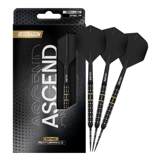 Red Dragon Ascend Parallel Steeldarts Das Foto zeigt die vollständigen Red Dragon Ascend Parallel Steeldarts. Die Darts sind komplett und einsatzbereit dargestellt.
