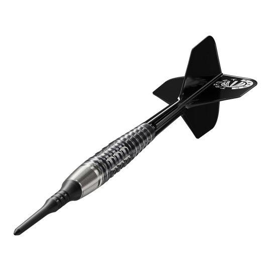 Das Bild zeigt einen Softdart aus der Serie "Target Japan Prime Series Harold Ching GEN1 Zenith MAX" mit einem Gewicht von 21g. Der Dart hat ein schwarz-silbernes Design mit schwarzen Flights.