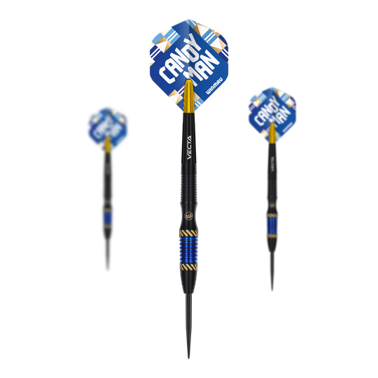 Das Bild zeigt drei Steeldarts des Modells "Winmau Rashad Sweeting - 24g". Die Flights sind blau mit der Aufschrift "CANDY MAN" und die Darts haben gold-blaue Akzente.